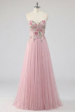 Robe de bal en tulle appliqué en ligne A rose scintillante avec perles