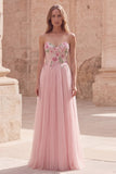 Robe de bal en tulle appliqué en ligne A rose scintillante avec perles