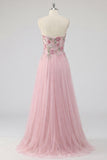 Robe de bal en tulle appliqué en ligne A rose scintillante avec perles