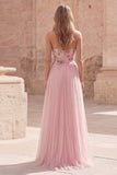 Robe de bal en tulle appliqué en ligne A rose scintillante avec perles