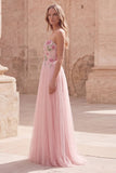 Robe de bal en tulle appliqué en ligne A rose scintillante avec perles