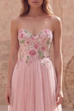 Robe de bal en tulle appliqué en ligne A rose scintillante avec perles