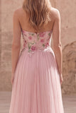 Robe de bal en tulle appliqué en ligne A rose scintillante avec perles