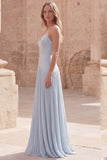 Robe de bal longue à bretelles fines bleu ciel à bretelles fines plissées