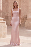 Robe de bal longue en satin à bretelles en sirène rose avec dos lacé
