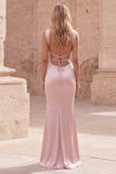 Robe de bal longue en satin à bretelles en sirène rose avec dos lacé