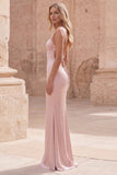 Robe de bal longue en satin à bretelles en sirène rose avec dos lacé