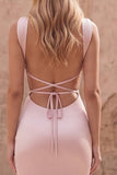 Robe de bal longue en satin à bretelles en sirène rose avec dos lacé