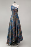 Jacquare bleu paon Une épaule Ligne A robe formelle à fleurs asymétriques