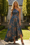 Jacquare bleu paon Une épaule Ligne A robe formelle à fleurs asymétriques