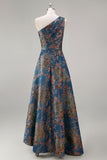 Jacquare bleu paon Une épaule Ligne A robe formelle à fleurs asymétriques