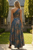 Jacquare bleu paon Une épaule Ligne A robe formelle à fleurs asymétriques