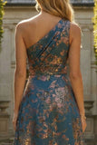 Jacquare bleu paon Une épaule Ligne A robe formelle à fleurs asymétriques