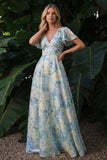 Robe formelle longue à la ligne A vert clair à col en V floral