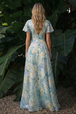Robe formelle longue à la ligne A vert clair à col en V floral