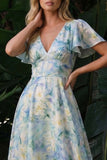 Robe formelle longue à la ligne A vert clair à col en V floral