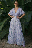 Robe formelle longue à fleurs A à col en V violet clair sans dos