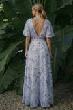 Robe formelle longue à fleurs A à col en V violet clair sans dos