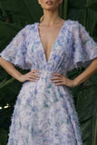 Robe formelle longue à fleurs A à col en V violet clair sans dos