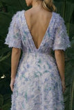 Robe formelle longue à fleurs A à col en V violet clair sans dos