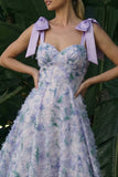 Robe formelle longue à fleurs A en ligne violet clair avec nœuds