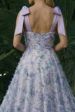 Robe formelle longue à fleurs A en ligne violet clair avec nœuds