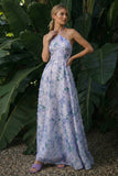 Robe formelle longue à fleurs à la ligne A à dos nu et une cape violet clair