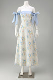 Robe formelle longue fleurie A en ligne bleu clair avec nœuds