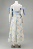 Robe formelle longue fleurie A en ligne bleu clair avec nœuds