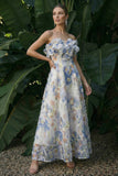 Robe longue à fleurs à volants bleu clair