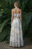 Robe longue à fleurs à volants bleu clair