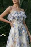 Robe longue à fleurs à volants bleu clair