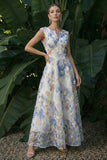 Robe formelle longue à fleurs longue A Line bleu clair