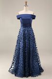 Sequins bleu marine à épaules dénudées, une ligne longue robe mère de la mariée