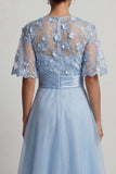 Robe de mère de la mariée en chiffon bleu ciel A Line à manches longues avec des fleurs 3D