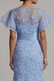 Robe midi de mère de la mariée appliquée sirène bleu clair avec manches à volants