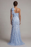 Robe longue de mère de la mariée sirène bleu ciel à paillettes sur une épaule avec des fleurs 3D