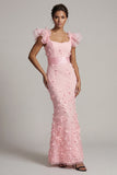 Blush sirène à manches volantes longue robe mère de la mariée avec fleurs 3D