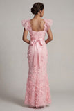 Blush sirène à manches volantes longue robe mère de la mariée avec fleurs 3D