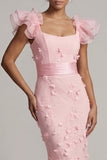 Blush sirène à manches volantes longue robe mère de la mariée avec fleurs 3D