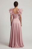 Rose poussiéreuse Une ligne à volants à sequins Longue robe de la mère de la mariée avec fente