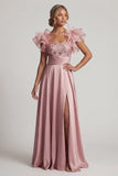 Rose poussiéreuse Une ligne à volants à sequins Longue robe de la mère de la mariée avec fente