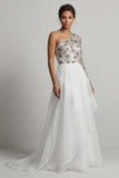 Robe de la mère de la mariée à une épaule A Line White Paillets