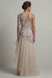 Robe de la mère de la mariée à une épaule à volants en forme de sirène blanche à sequins