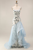 Robe longue de bal en forme de sirène bleu clair à sequins avec volants