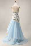 Robe longue de bal en forme de sirène bleu clair à sequins avec volants
