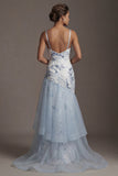 Robe de la mère de la mariée à volants en sirène bleu clair à sequins