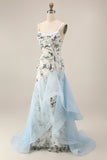 Robe longue de bal en forme de sirène bleu clair à sequins avec volants