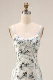 Robe longue de bal en forme de sirène bleu clair à sequins avec volants