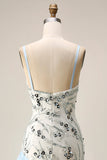Robe longue de bal en forme de sirène bleu clair à sequins avec volants